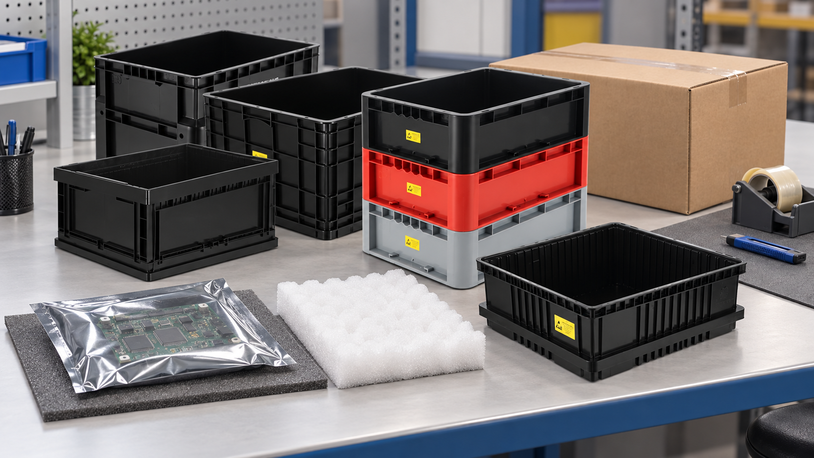 Electronics shipping layers with a shielding pouch, cushioning, rigid ESD containers, and an outer carton.