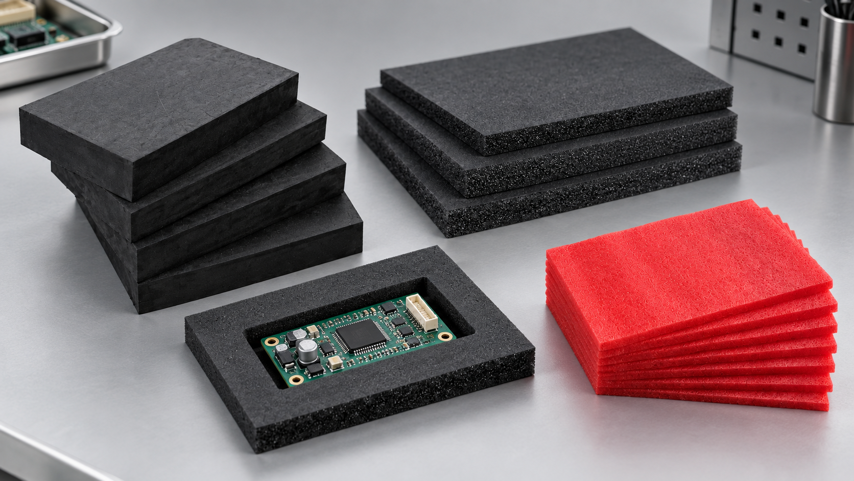ESD foam samples arranged around a fitted electronic module to compare physical construction and part fit.