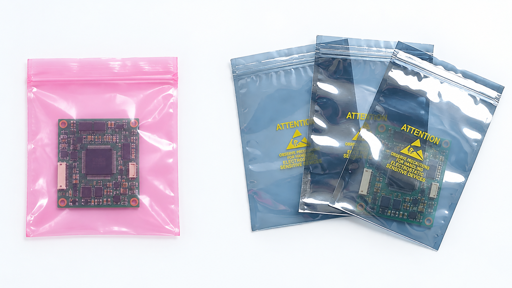 Visual comparison of a translucent pink bag and metallized static shielding bags holding electronic boards.