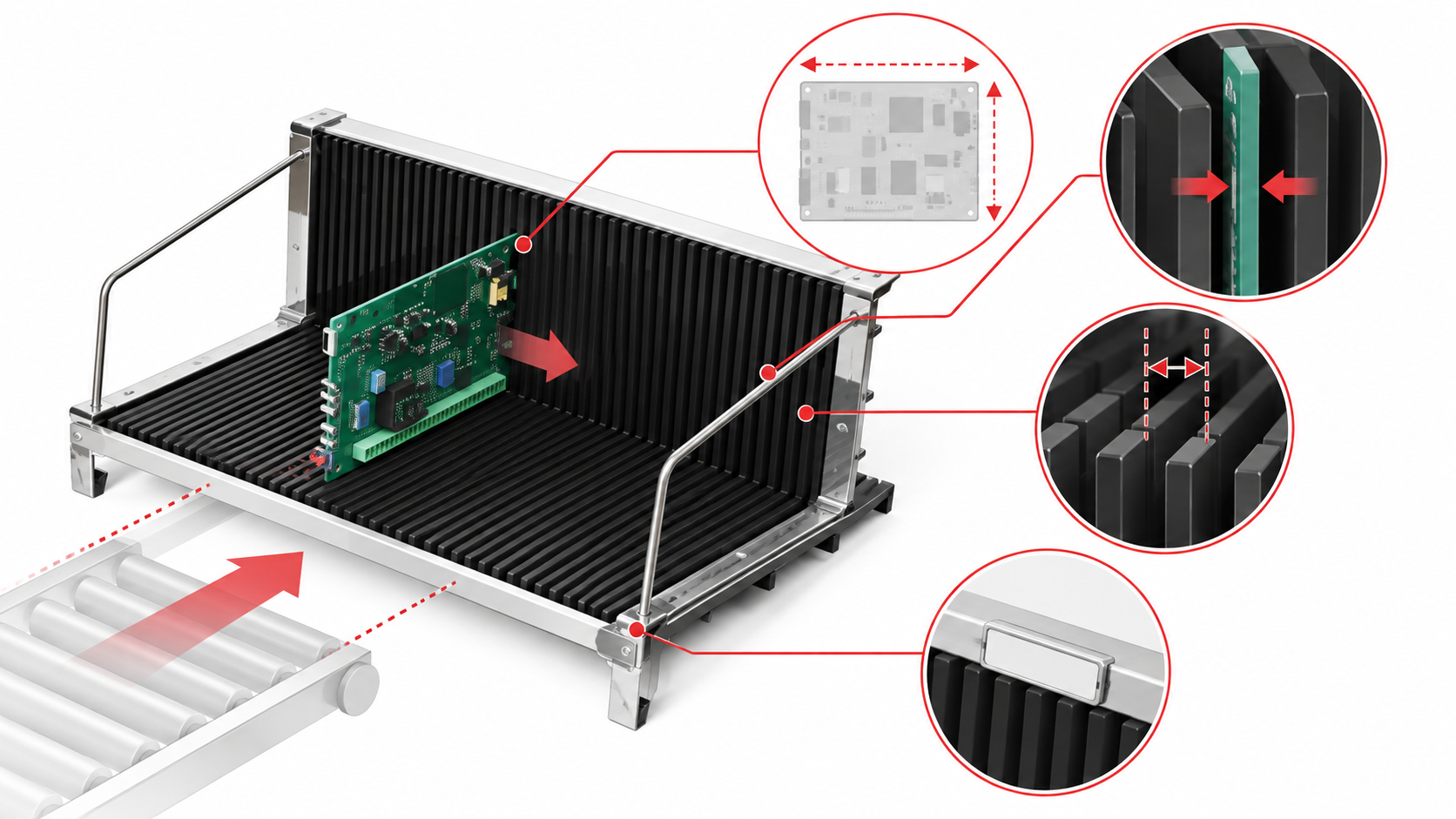 Illustrative ESD insert rack fit diagram showing separated boards, groove clearance, and a transfer route.