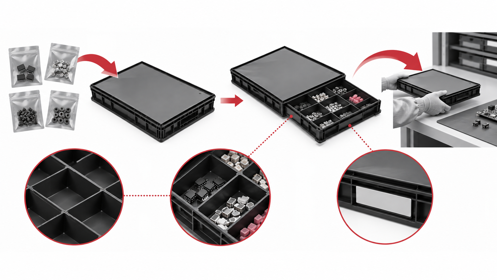 Illustrative ESD component drawer workflow showing separated parts, labels, replenishment, and protected handoff.