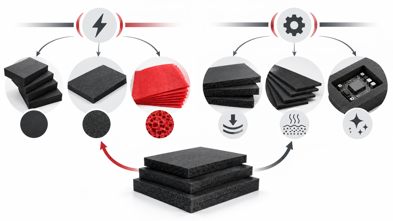 Illustrative ESD foam comparison matrix separating electrical role, material structure, and packaging task.