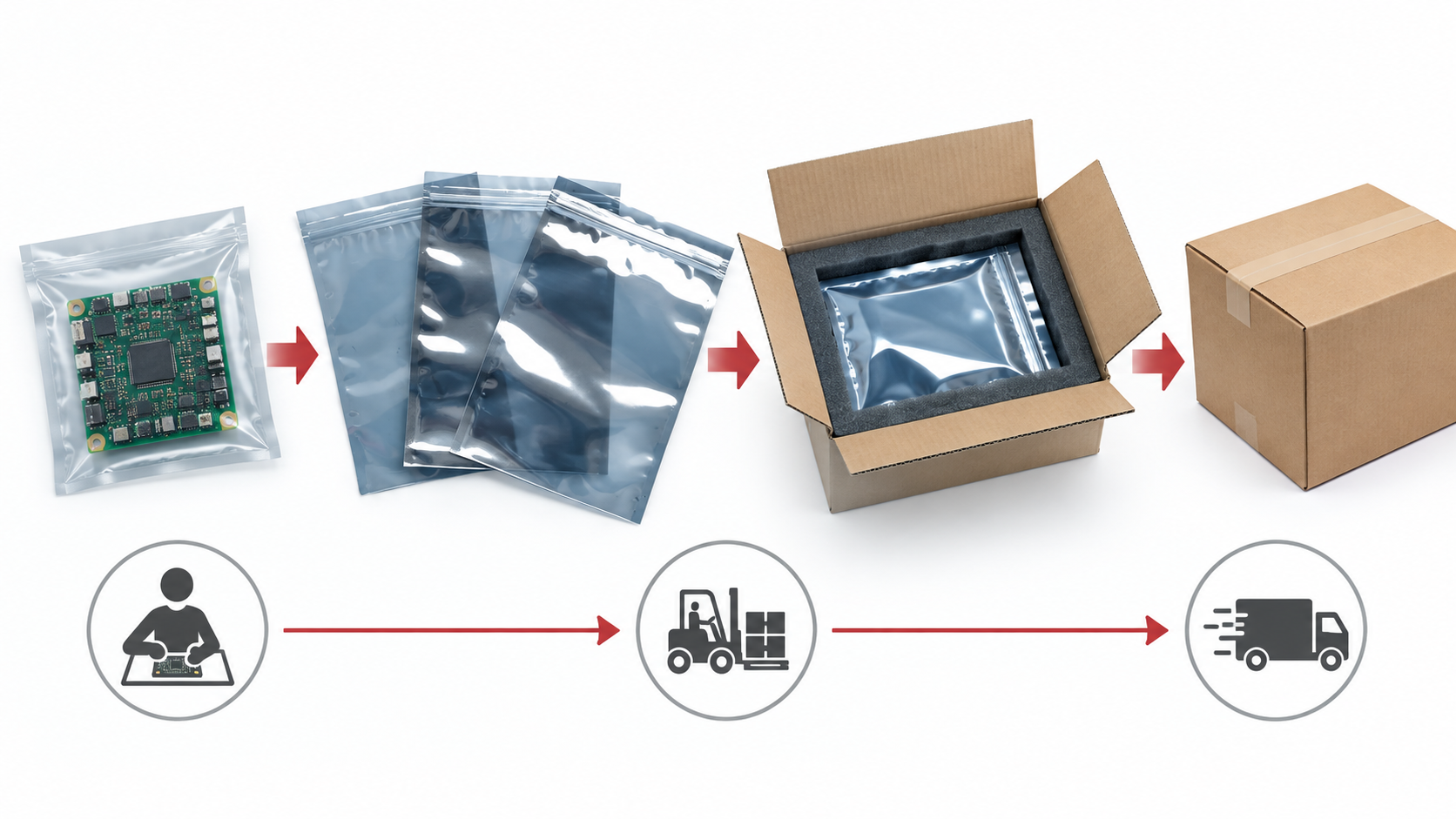 Illustrative ESD bag route diagram showing part protection from storage through handling and outer shipment.