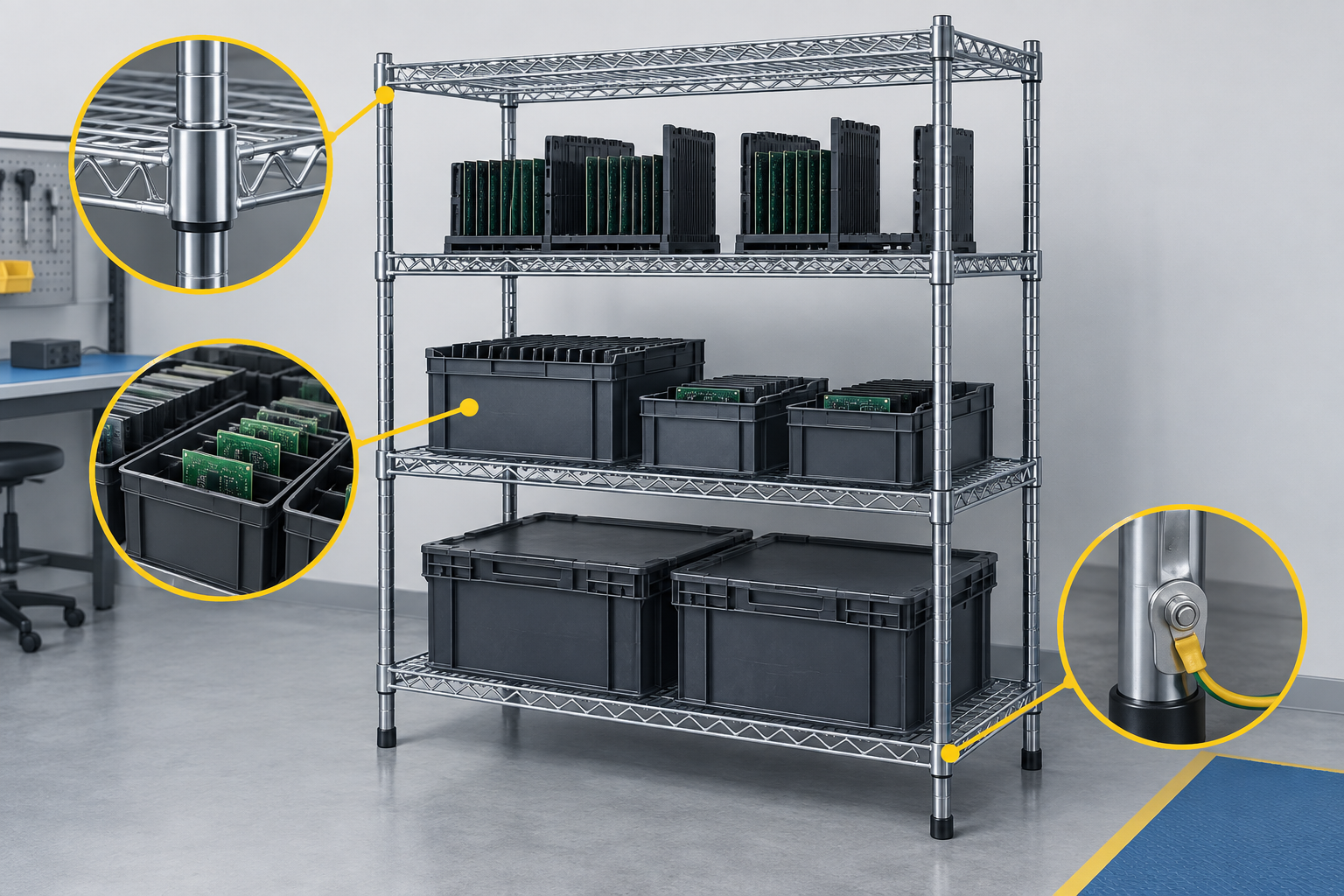 Illustration of ESD shelving with racks, containers, a grounding path, and an operator access zone.