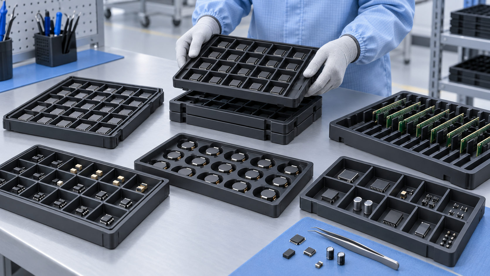 Conceptual ESD tray comparison for component fit, access, and handling.