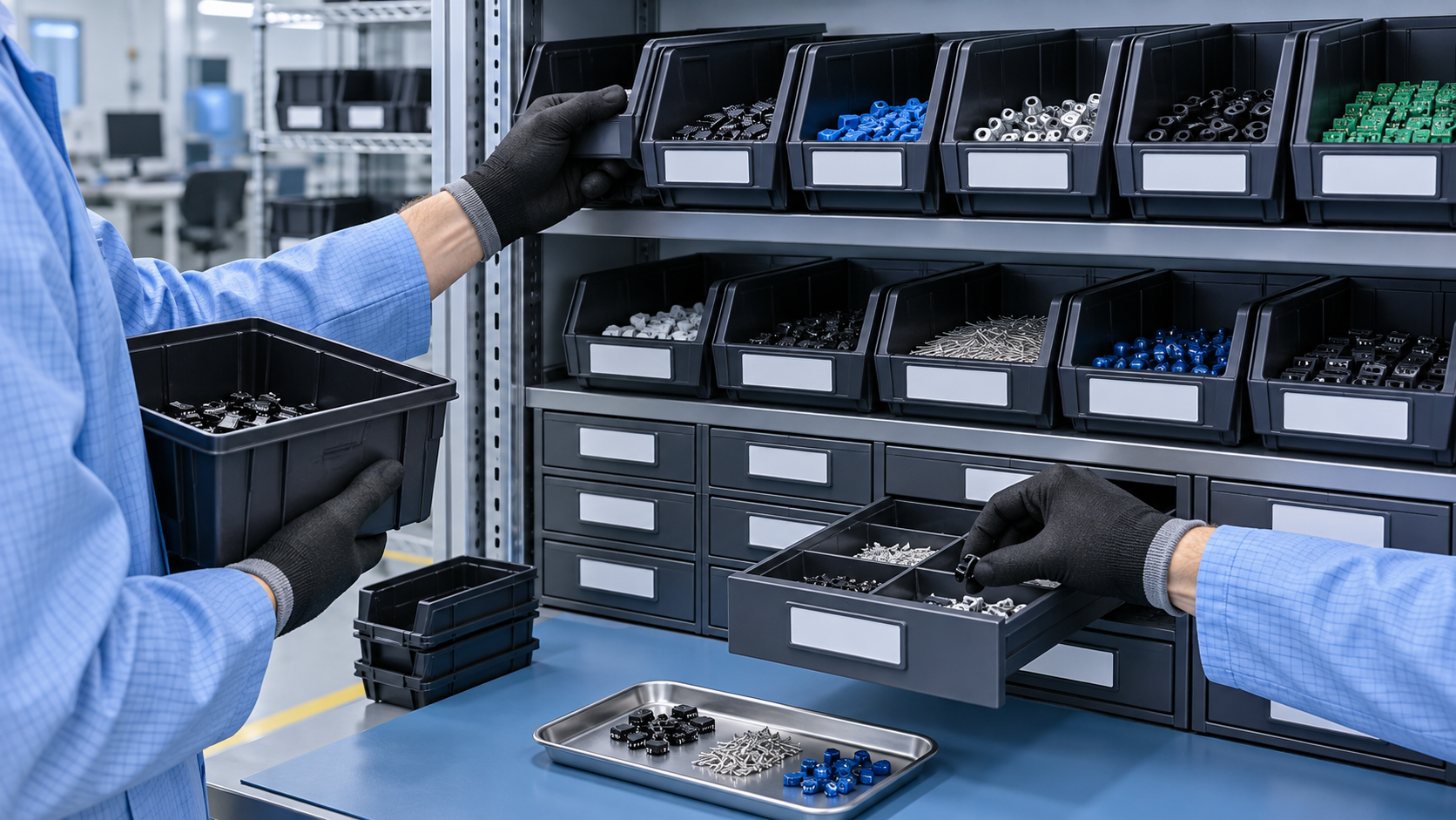 Conceptual ESD parts bin organization with separated pick faces and drawer access.