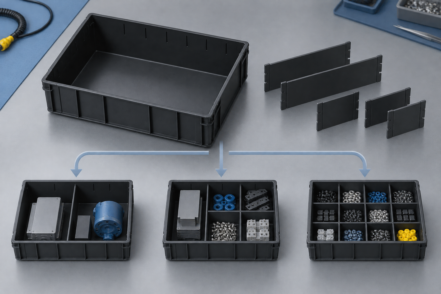Illustration of an ESD divider box with adjustable compartments, labels, and separated component groups.