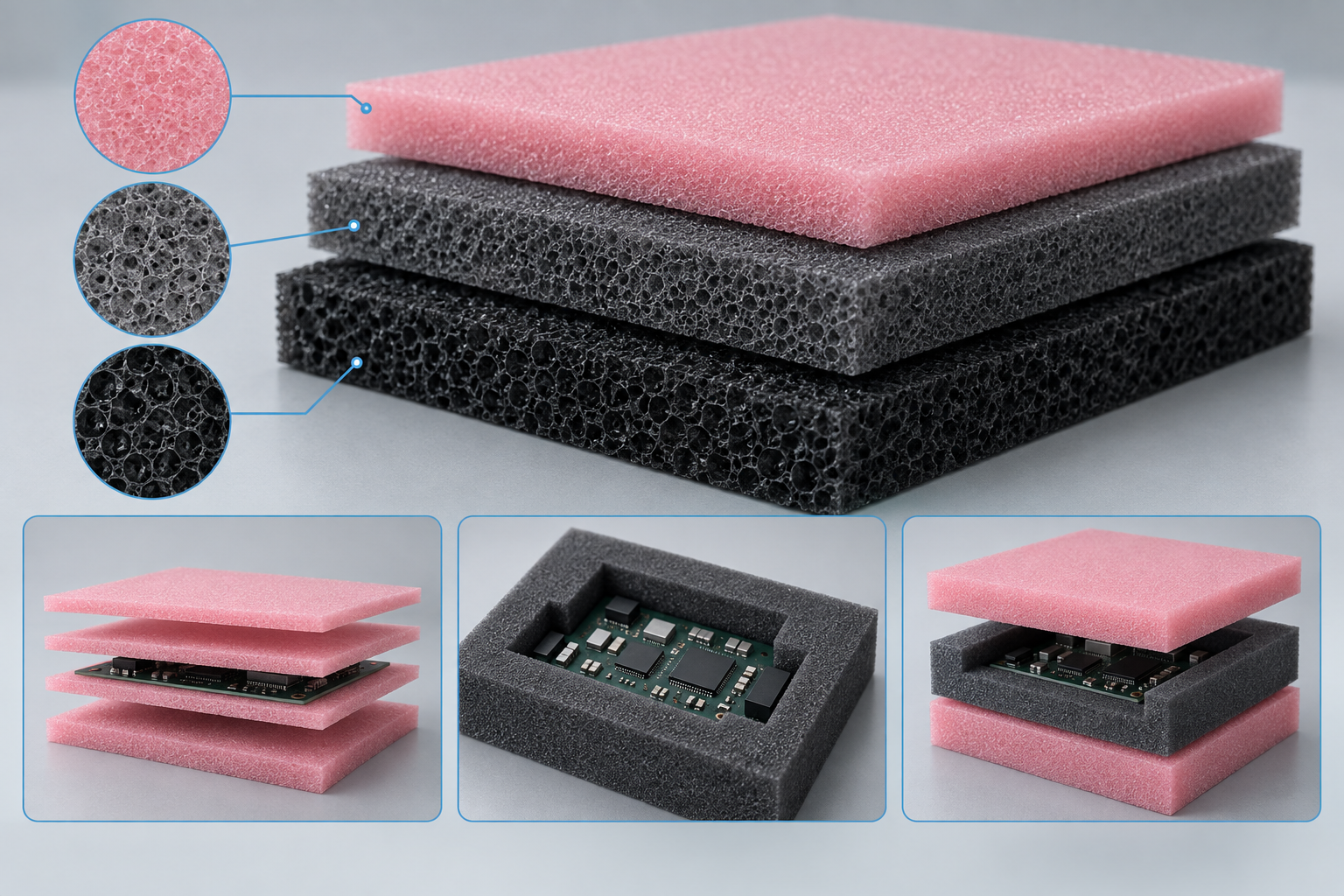 Illustration of ESD foam sheets with a cut cavity, contact surface, and support around an electronic component.