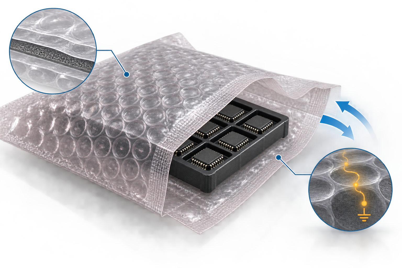 Conceptual ESD bubble bag around electronic components showing cushioning, access, and static-control decisions.