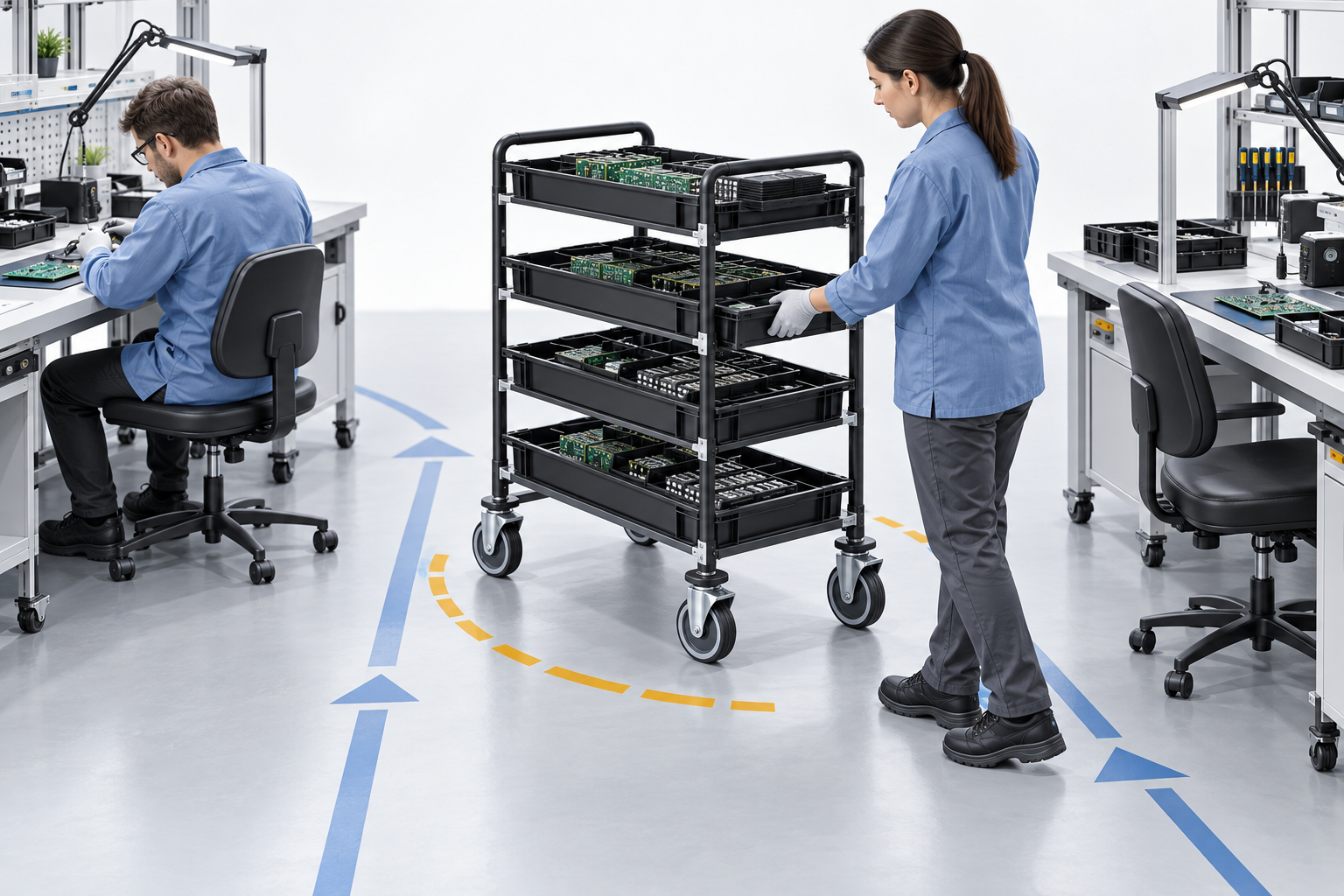 Conceptual ESD tray cart moving trays between workstations with stable access and a defined movement route.
