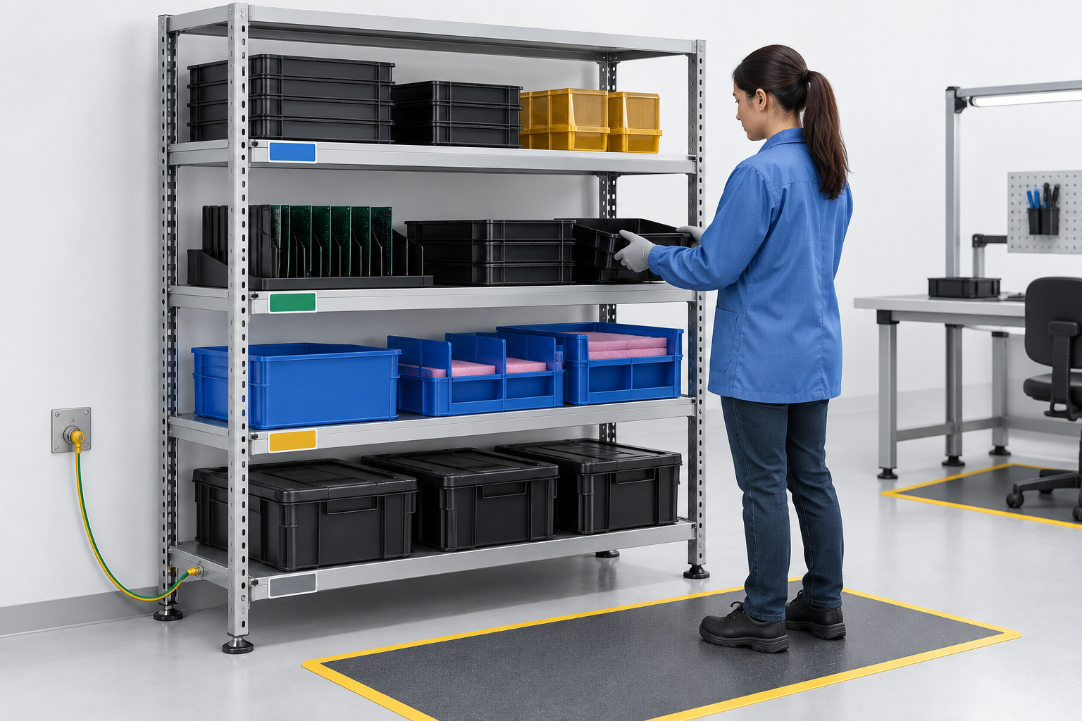 Conceptual ESD storage rack showing carrier separation, labels, operator access, and a grounding path.