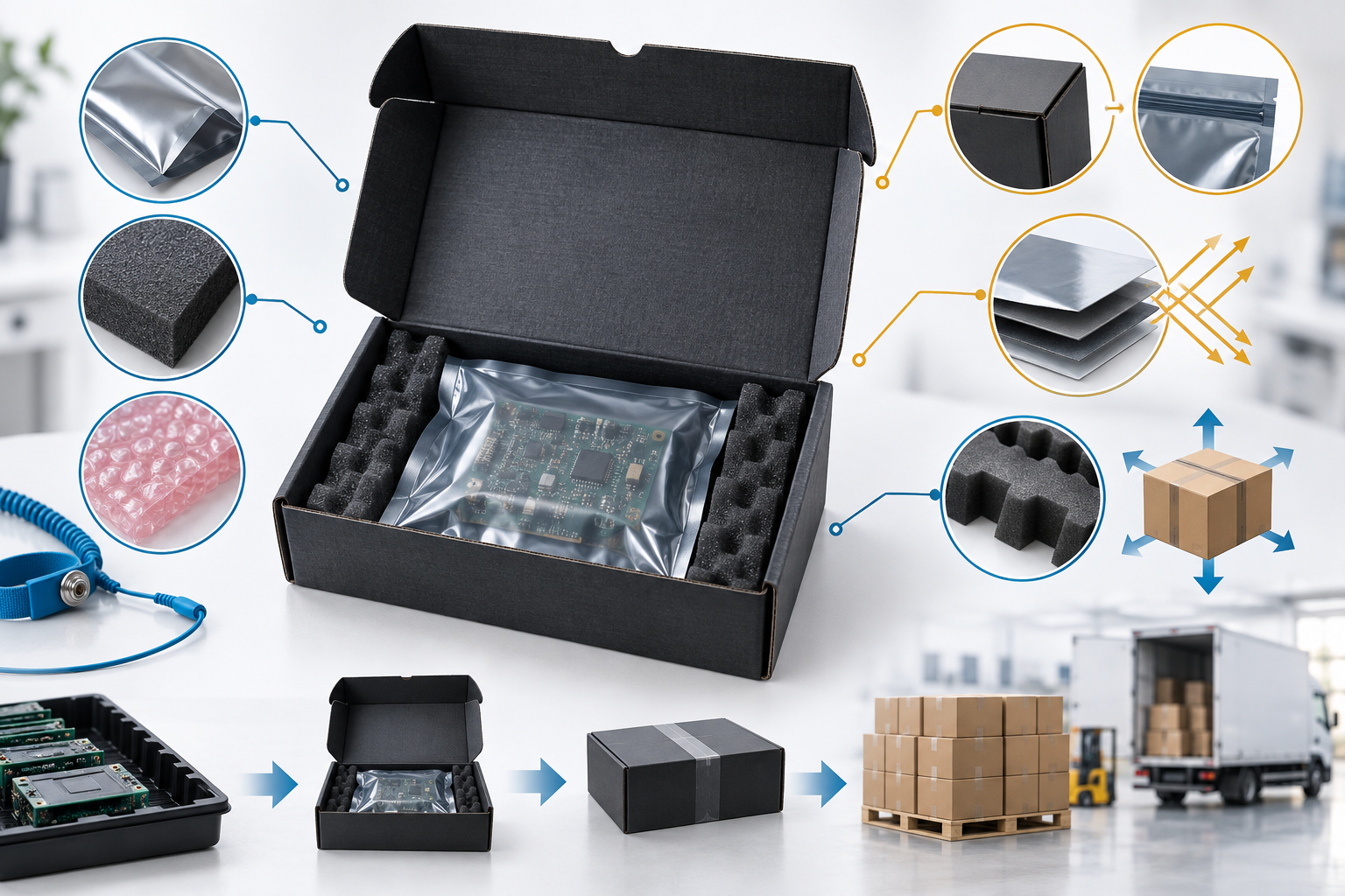 Conceptual ESD packaging box with inner protection and a shipping route showing material, closure, and shielding decisions.