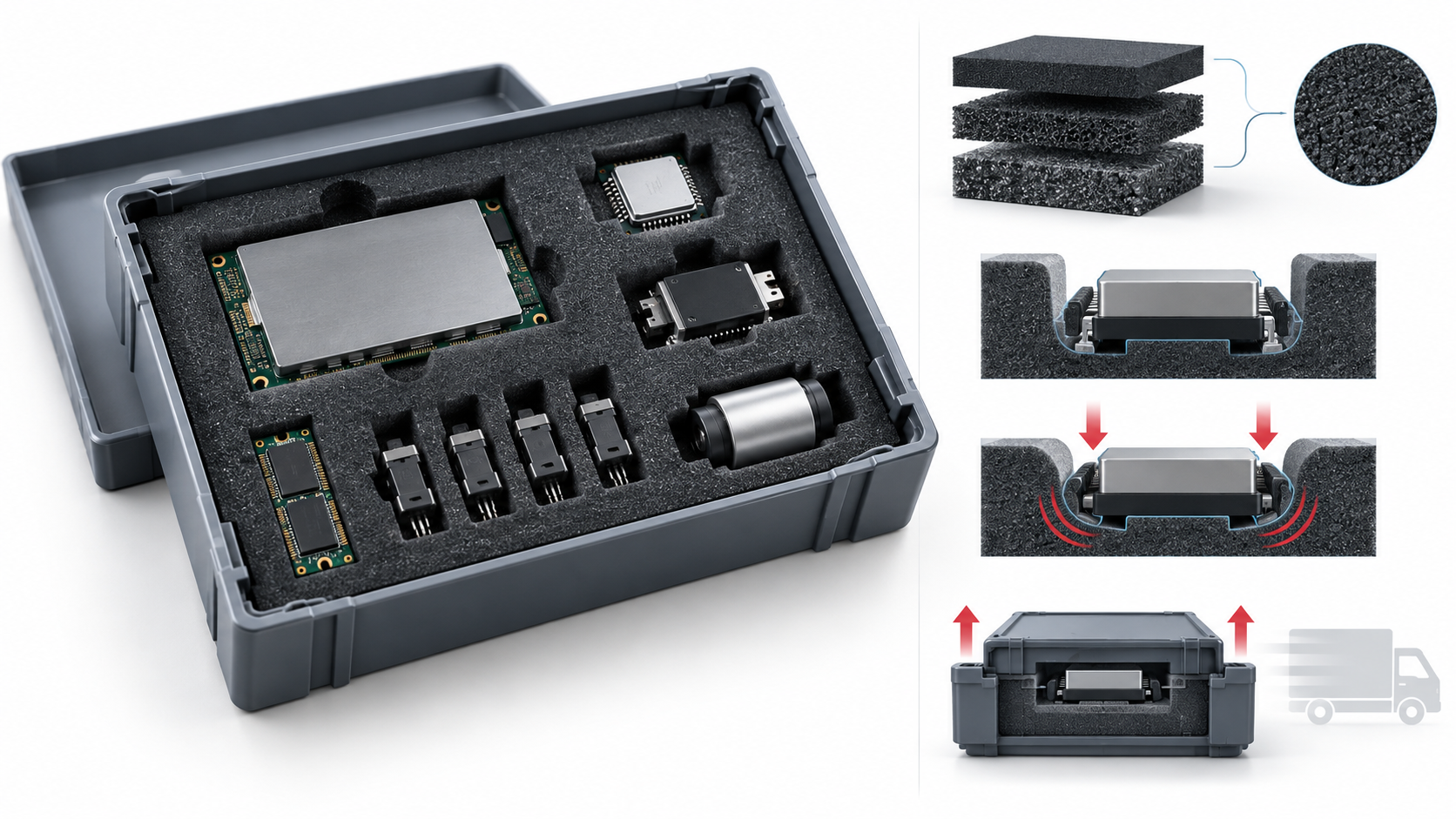 Conceptual foam insert design workflow for component fit and transit handling.