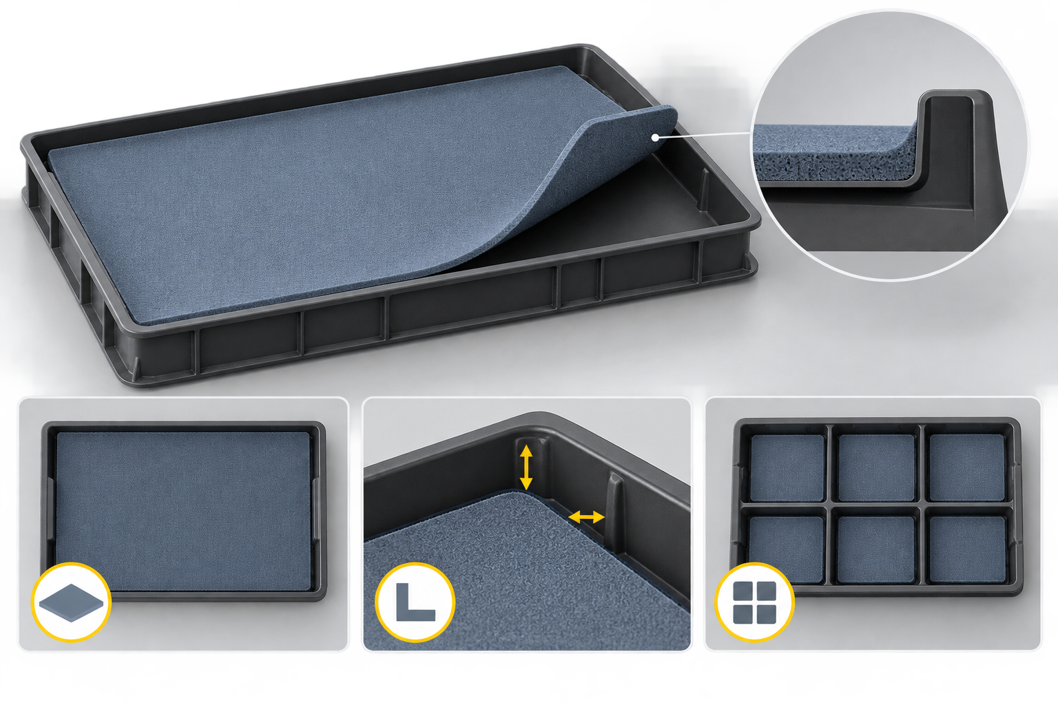 Illustration of an ESD tray liner fitted to a tray, with contact, clearance, and edge-fit checks.