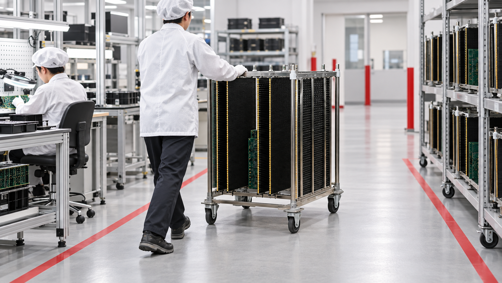 Illustrative ESD trolley route check between a line-side workstation and storage.