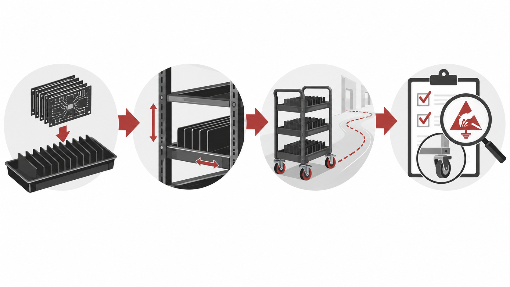 Conceptual ESD cart selection path from load fit and support geometry to movement route and evidence.