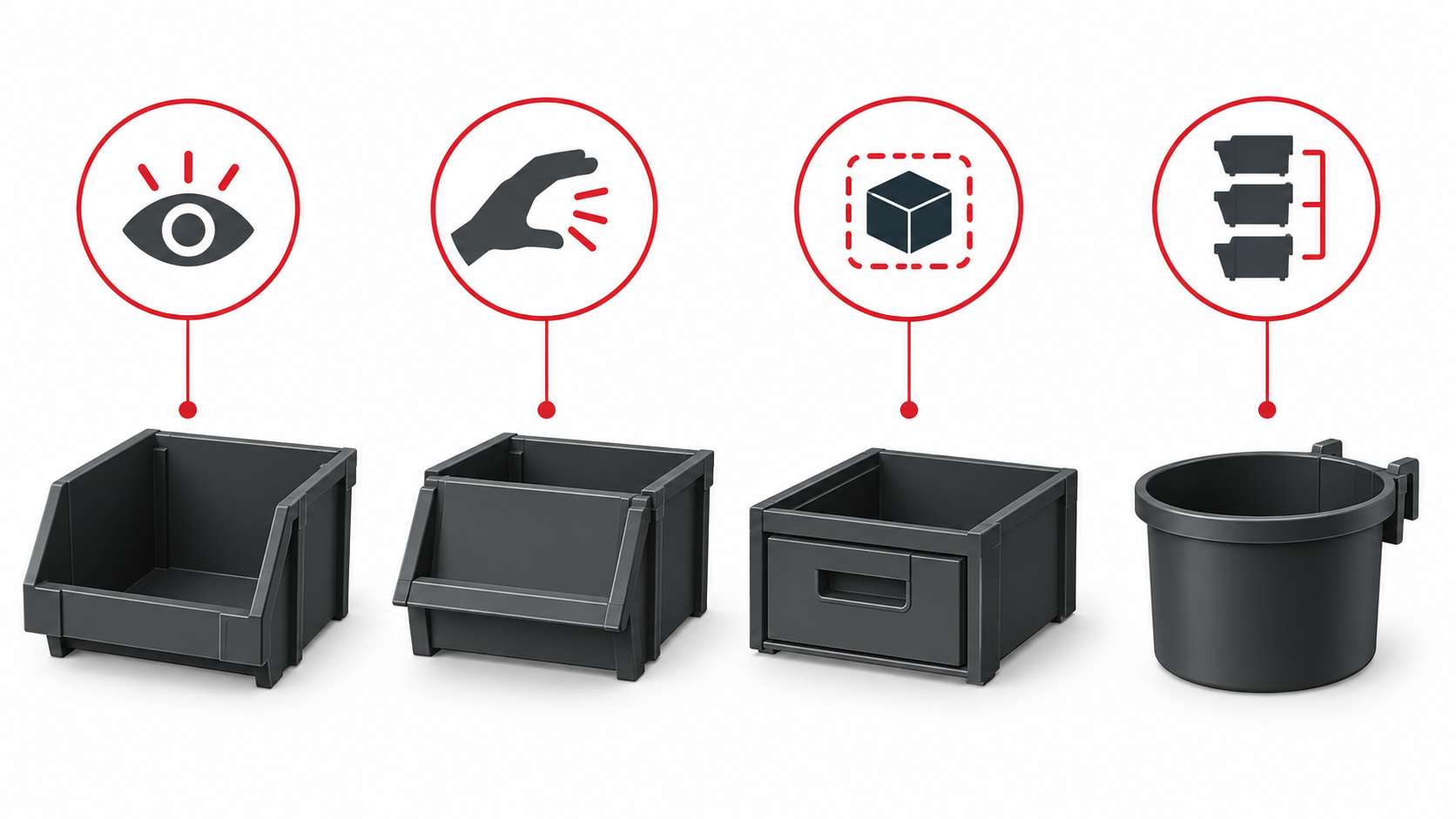Conceptual comparison of open, front-opening, drawer, and round bin access patterns.
