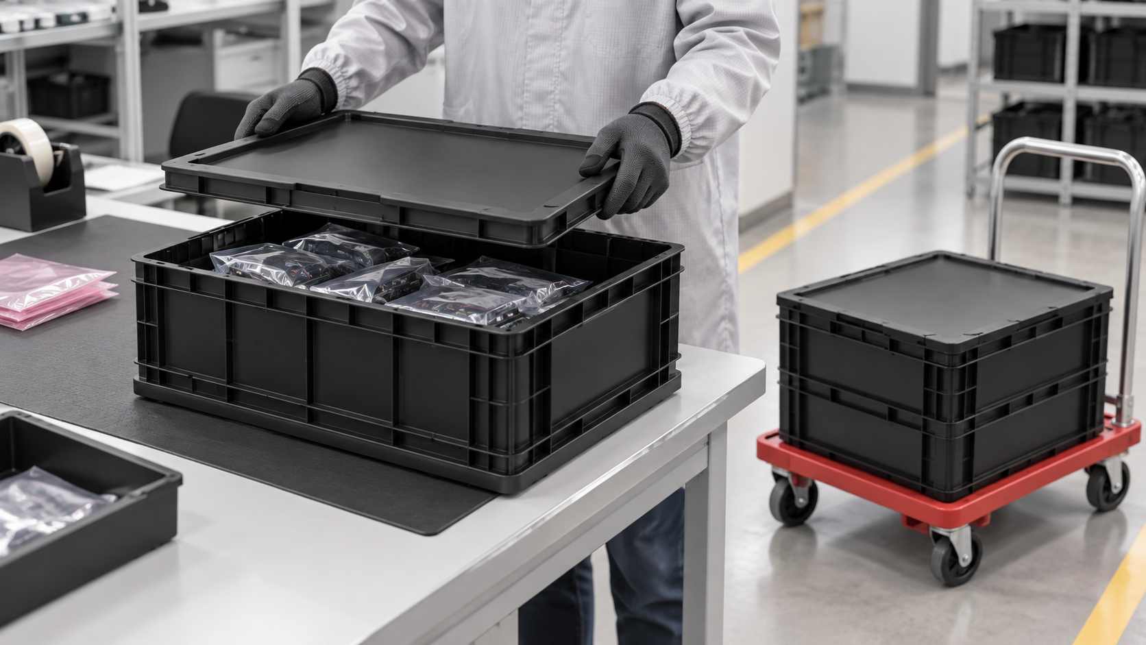 Illustrative ESD container closure and internal-transfer check with bagged assemblies.