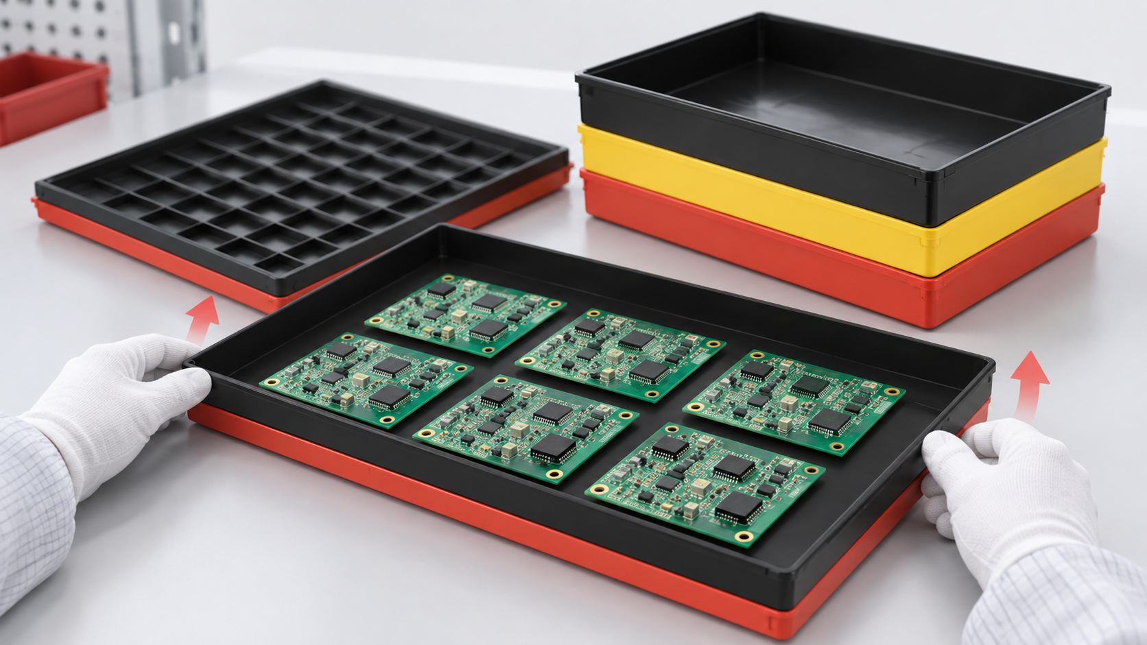 Illustrative PCB tray fit and handling check showing clearance and stack alignment.