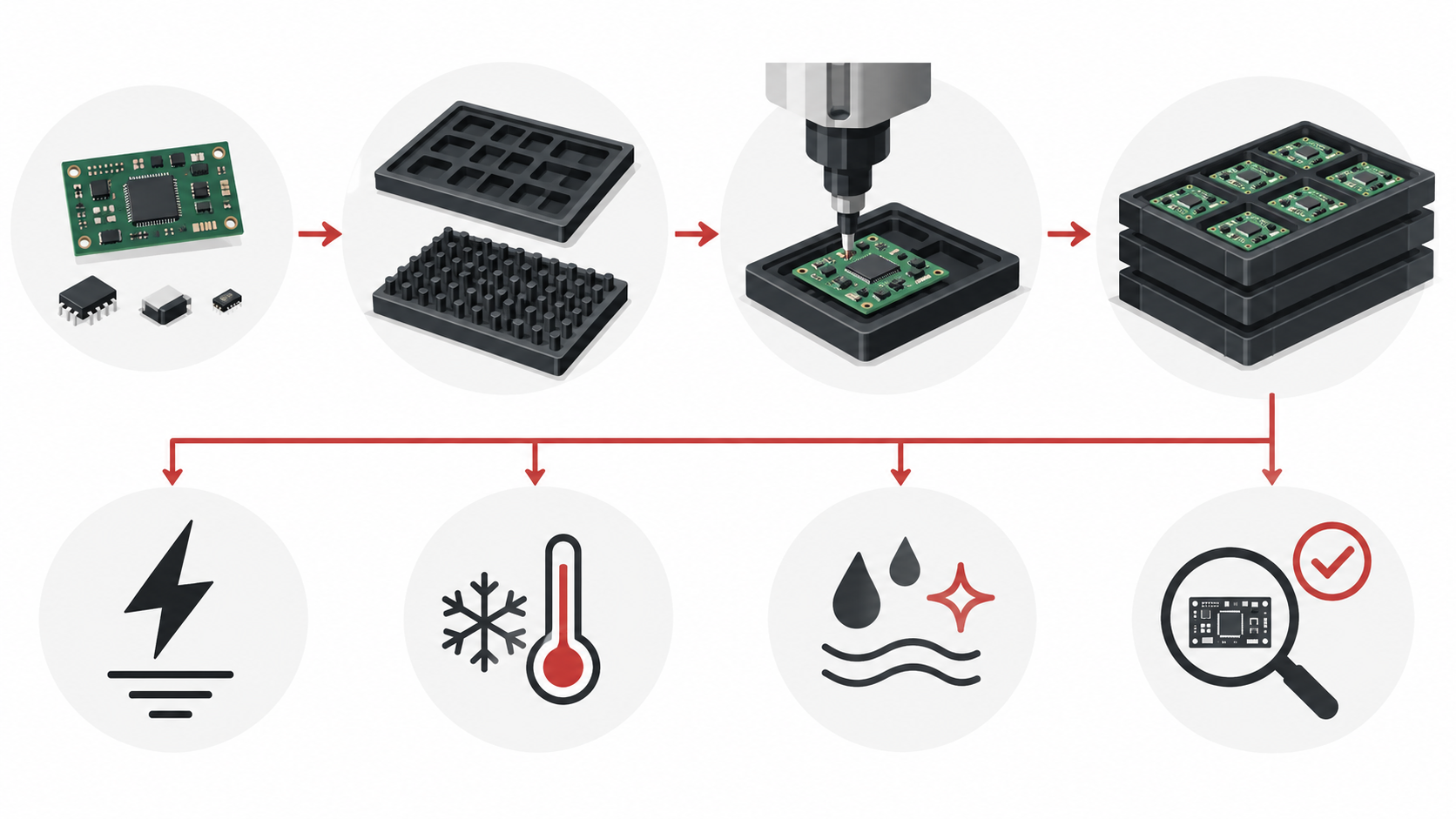 Conceptual ESD tray workflow from PCB fit and support to process evidence and sample approval.