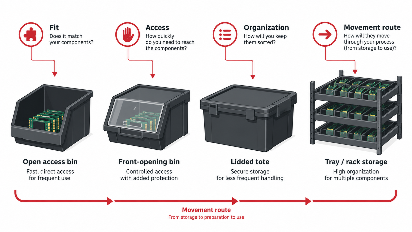Conceptual comparison of ESD storage container formats by fit, access, organization, and movement route