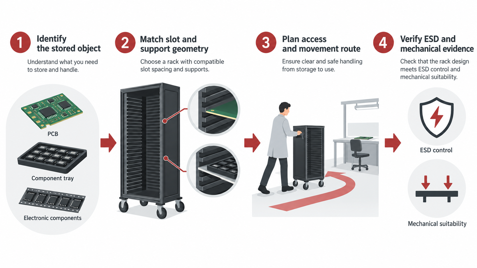 Conceptual ESD rack selection path from stored object and slot geometry to access route and evidence